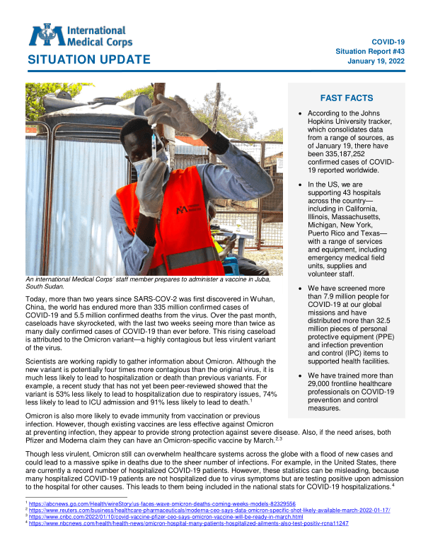 International Medical Corps COVID-19 Situation Report #43, January 19, 2022 - World